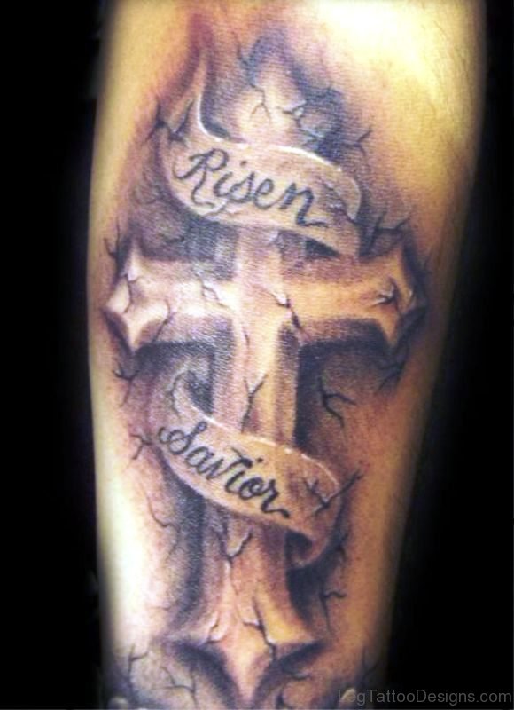 Awesome Cross Tattoo On Leg