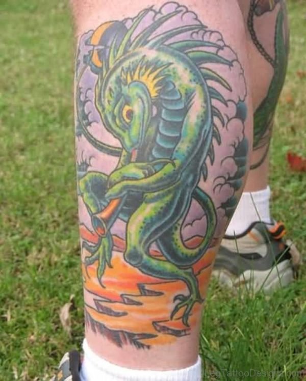 Awesome Green Dragon Tattoo On Leg