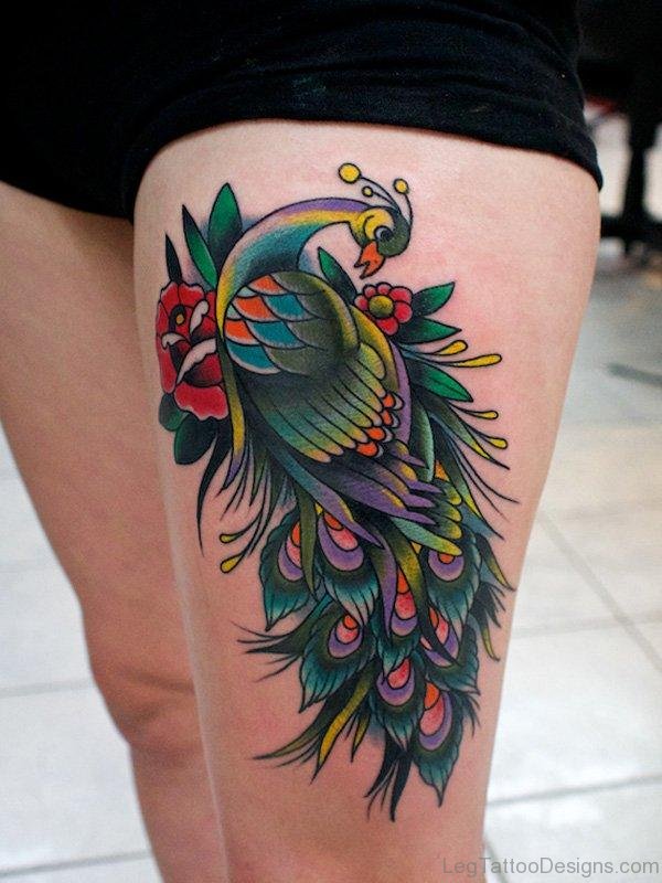 Awesome Peacock Tattoo On Thigh