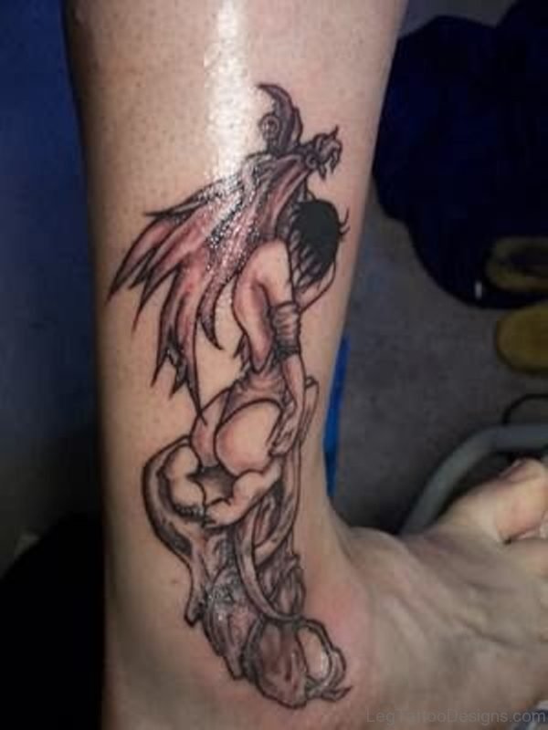 Awesome fallen angel girl tattoo on leg