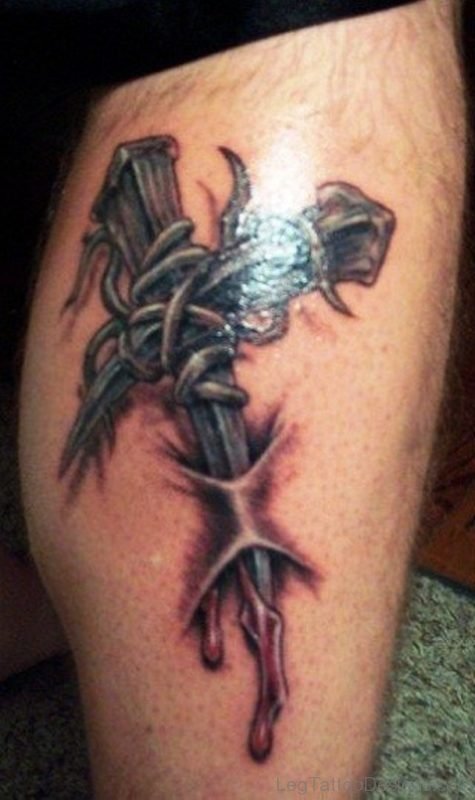 Barbed Wire With Cross Tattoo On Leg