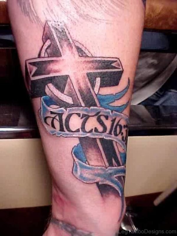 Beautiful 3D Cross Tattoo On Leg