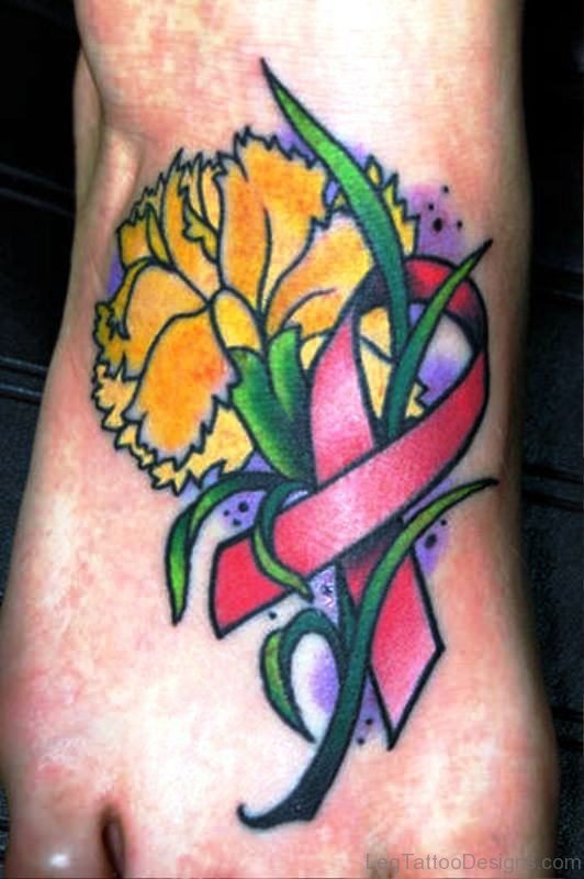 Beautiful Cancer Ribbon With Flower Tattoo