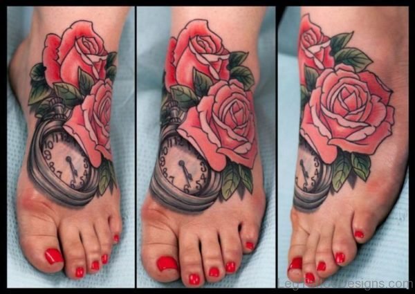Beautiful Clock Tattoo On Foot