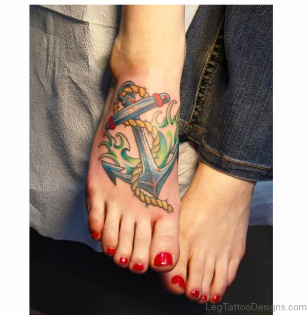 Beautiful Colorful Anchor Tattoo On Foot