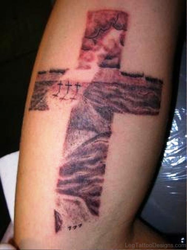 Beautiful Cross Tattoo On Leg