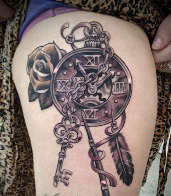Beautiful Flowers And Nice Steampunk Clock Tattoo On Thigh