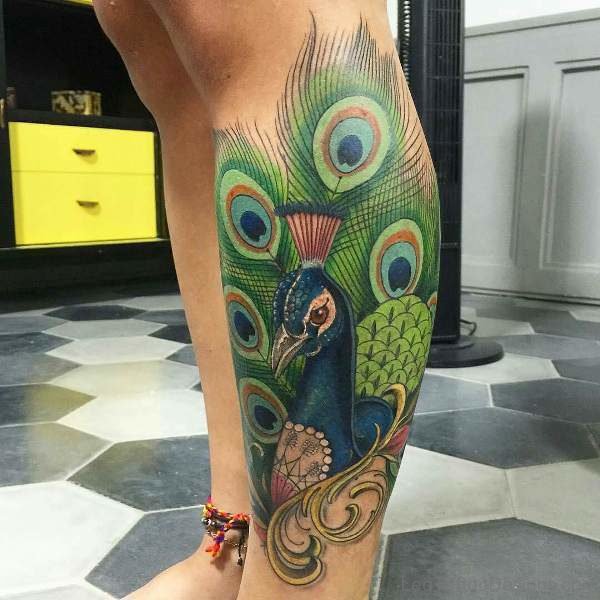 Beautiful Peacock Leg Tattoo