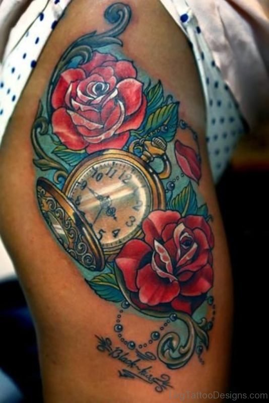 Beautiful Rose And Clock Tattoo