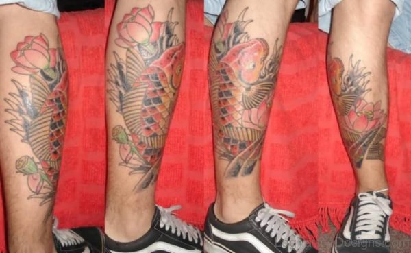 Best Ever Koi Fish Tattoo On Leg