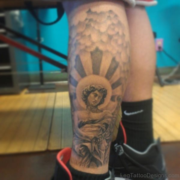 Best Grey Ink Angel Tattoo On Left Leg