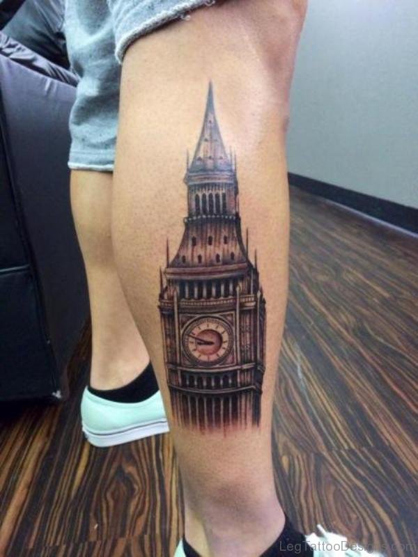 Big Clock Tattoo On Leg