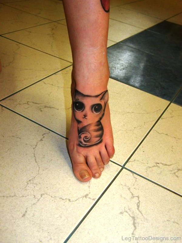 Big Eyed Cat Tattoo On Foot