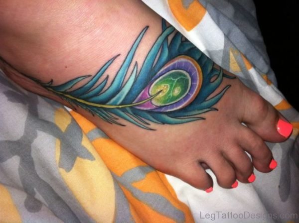 Big Peacock Feather Tattoo On Foot