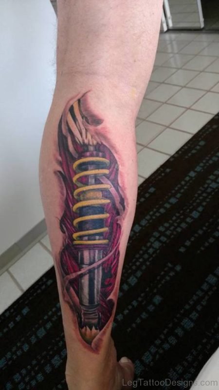 Biomechanical Bike Shocker Tattoo On Leg Calf