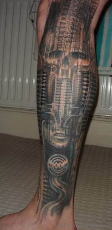 Biomechanical Leg Tattoo Design