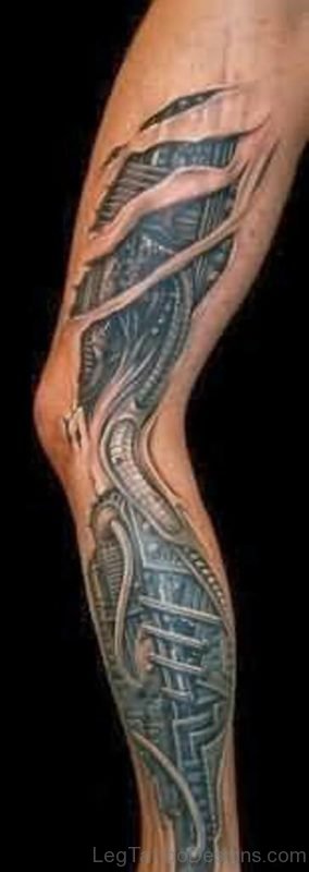 Biomechanical Leg Tattoo For Men