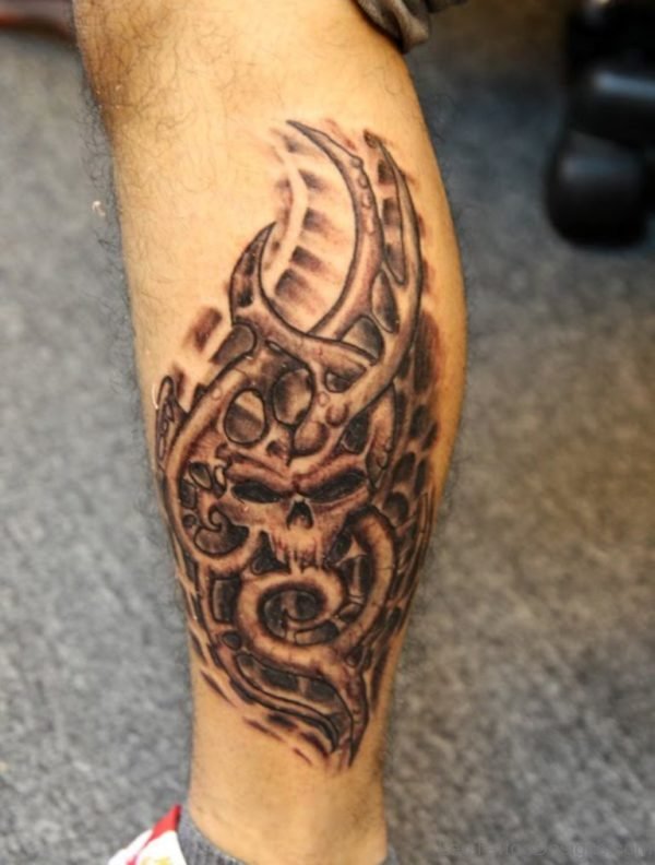 Biomechanical Skull Tattoo For Leg