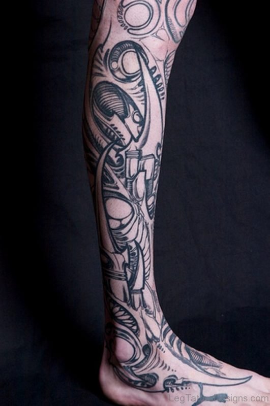 Biomechanical Tattoo On Right Leg