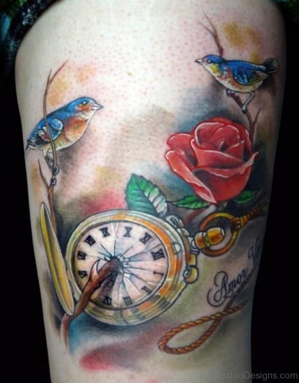 Bird And Clock Tattoo On Thigh