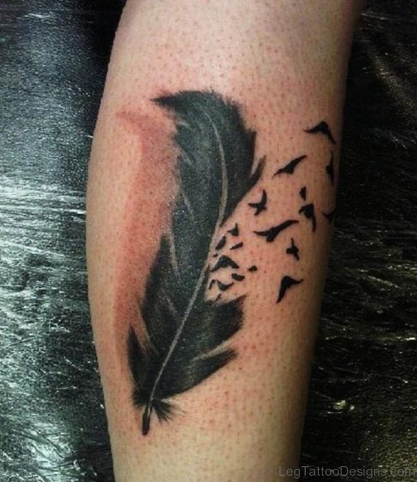 Birds And Feather Tattoo On Leg