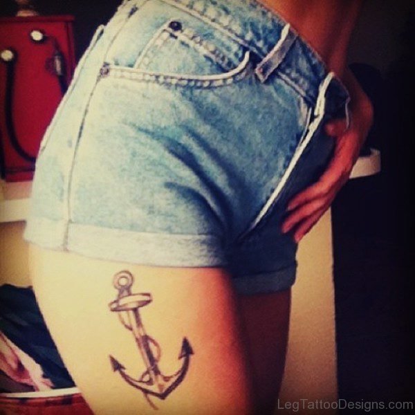 Black Anchor Thigh Tattoo