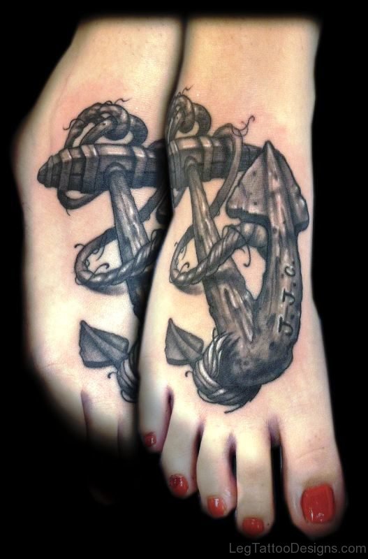 Black And Grey Anchor Tattoo On Feet