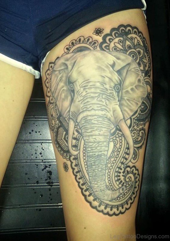 Black And Grey Elephant Tattoo On Thigh