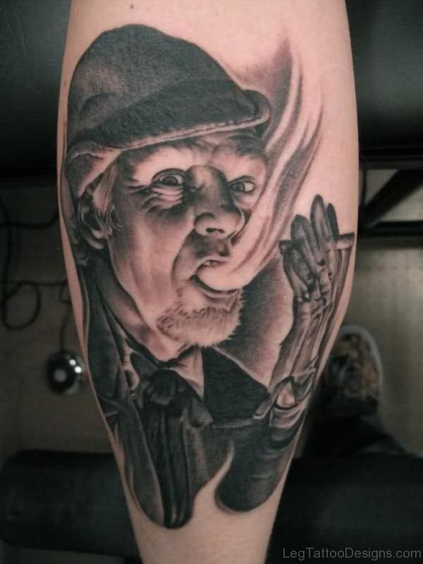 Black And Grey Horror Smoking Portrait Tattoo On leg