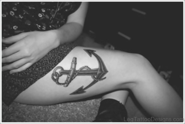 Black And White Anchor Tattoo On Thigh 