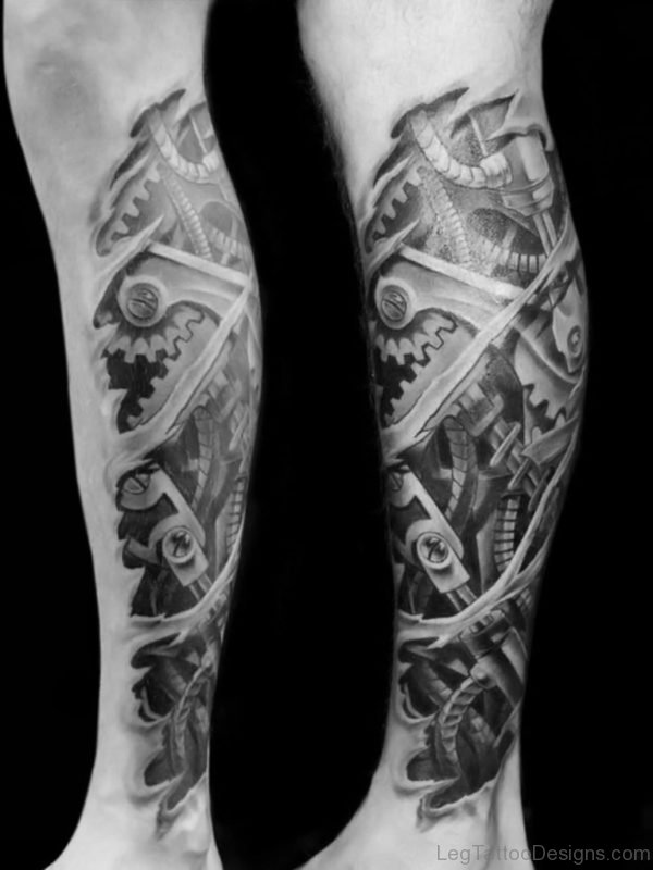 Black And White Biomechanical Leg Tattoo Design