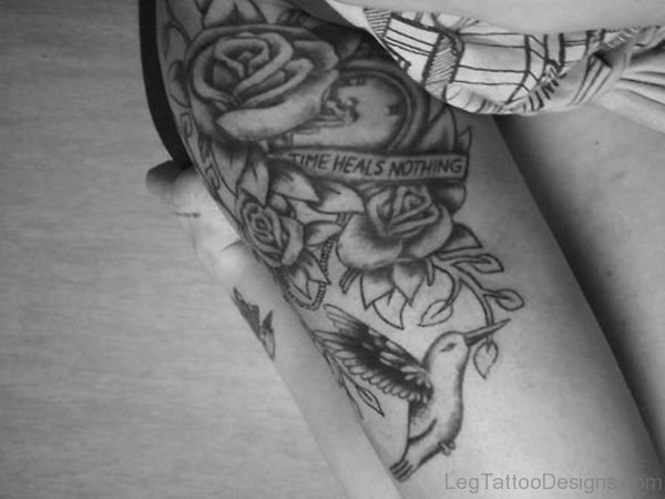 Black And White Thigh Tattoo