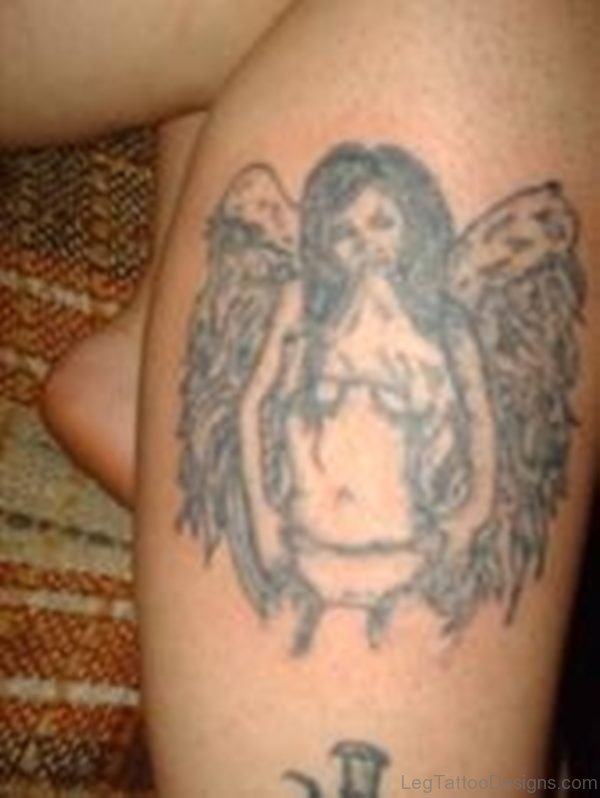 Black Angel Tattoo On Leg