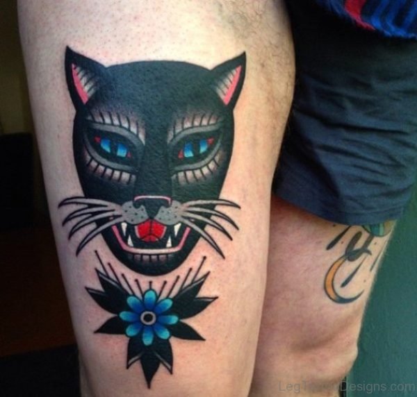 Black Angry Cat Tattoo On Thigh