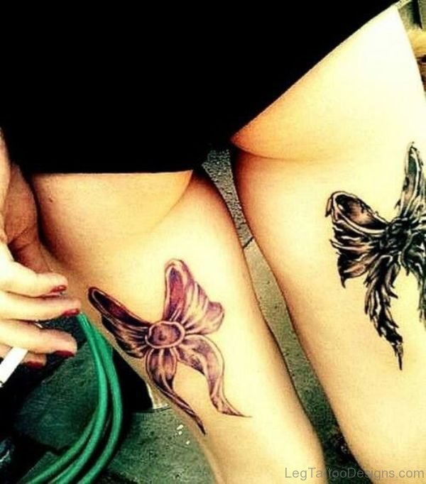 Black Bow Tattoo On Thigh 