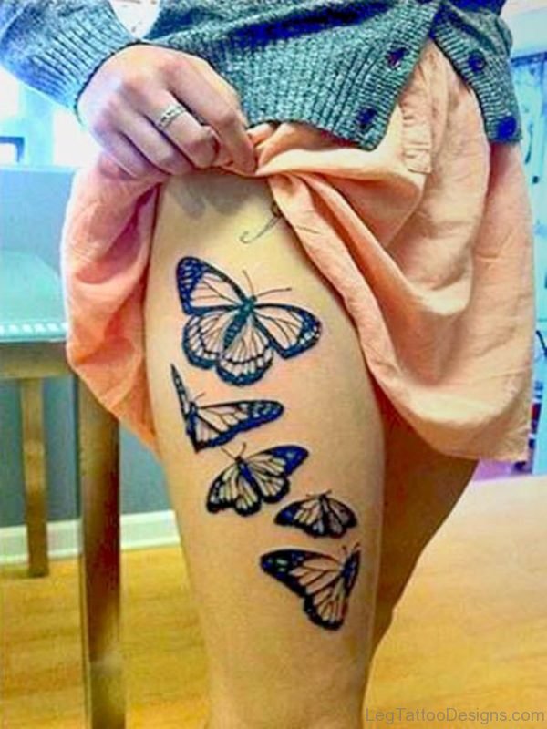 Black Butterflies Tattoo On Thigh