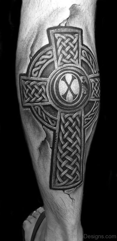 Black Celtic Cross Tattoo On Leg 