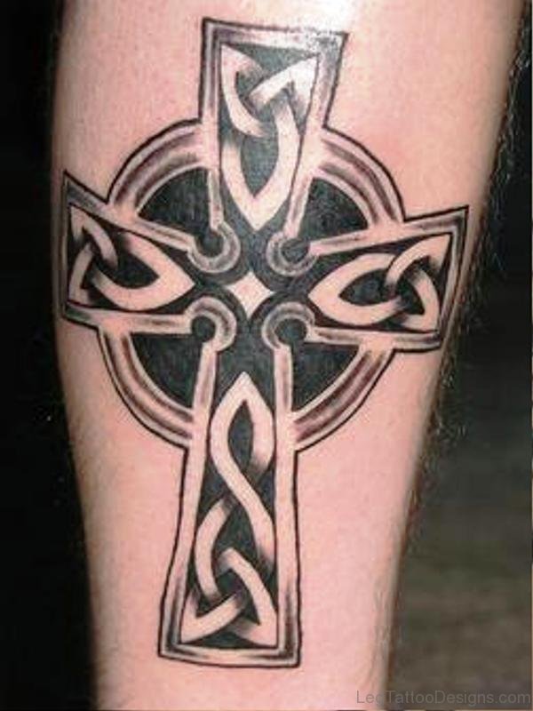 Black Celtic Cross Tattoo On Leg