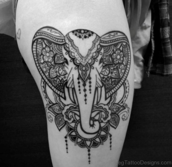Black Designer Elephant Tattoo On Thigh