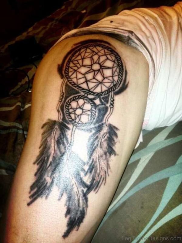 Black Dreamcatcher Tattoo On Thigh