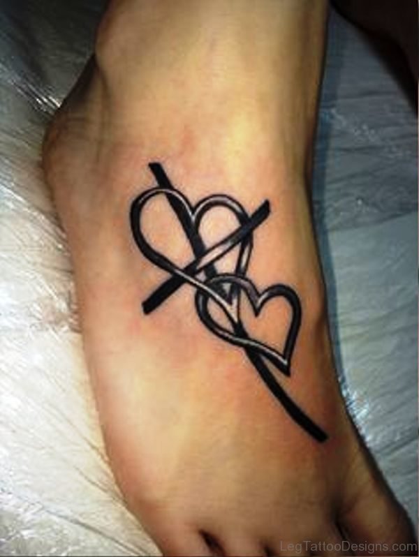 Black Hearts Cross Tattoo On Foot