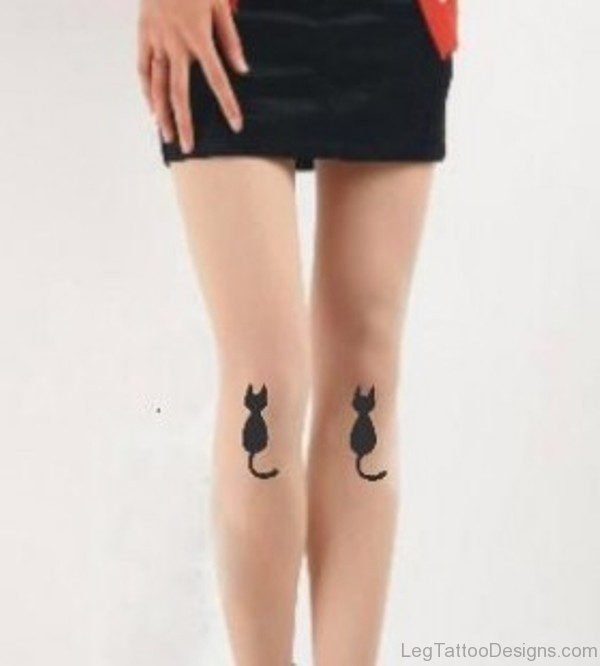 Black Lovely Cat Tattoo On Leg