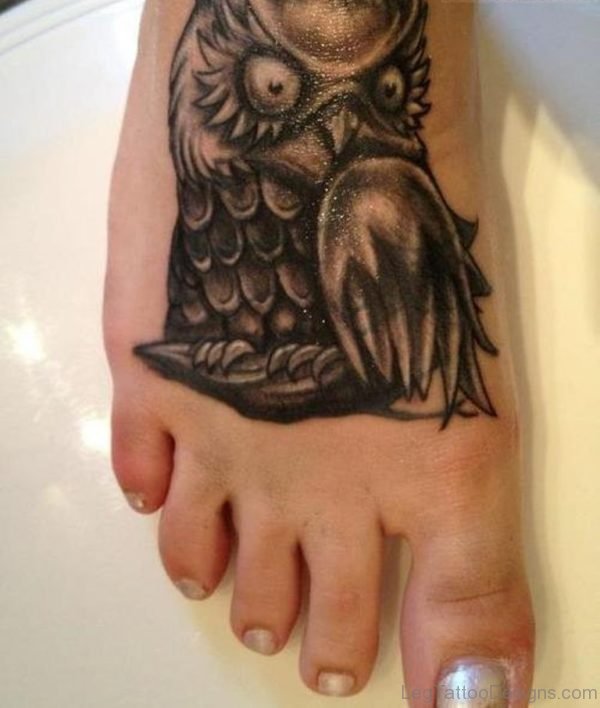 Black Owl Tattoo On Foot