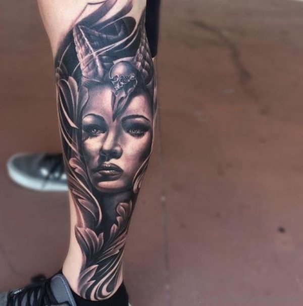 Black Portrait Leg Tattoo