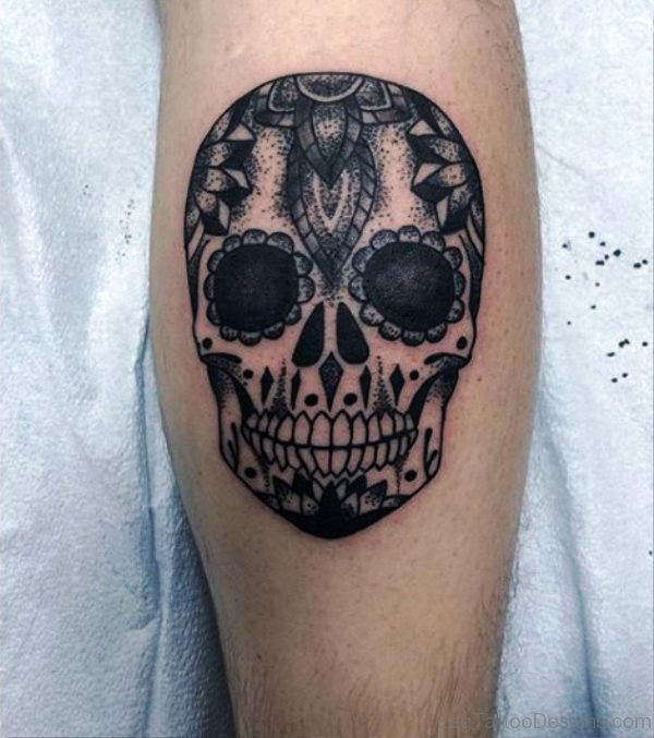 Black Skull Tattoo On Calf