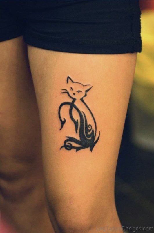 Black Tribal Cat Tattoo On Thigh