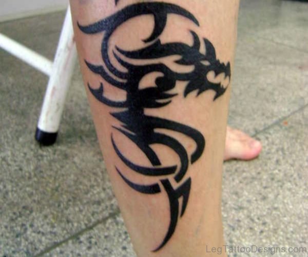 Black Tribal Dragon Tattoo On Right Leg