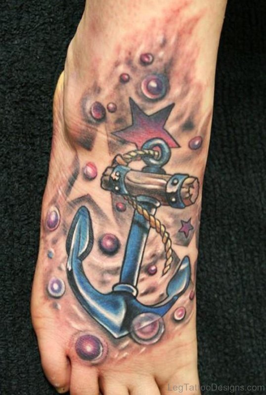 Blue Anchor Tattoo On Foot
