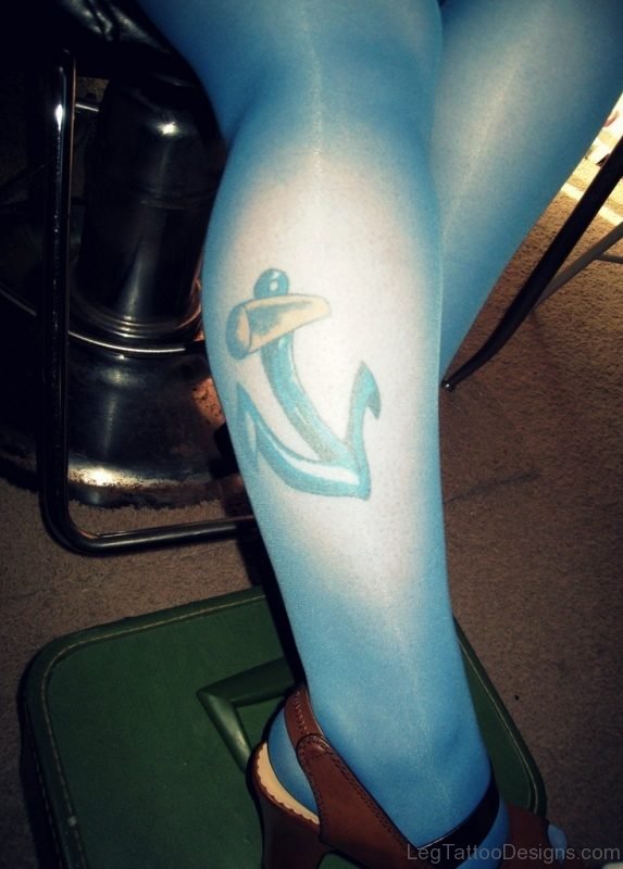 Blue Anchor Tattoo On Leg