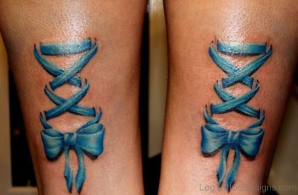 Blue Bow Tattoo On Thigh 